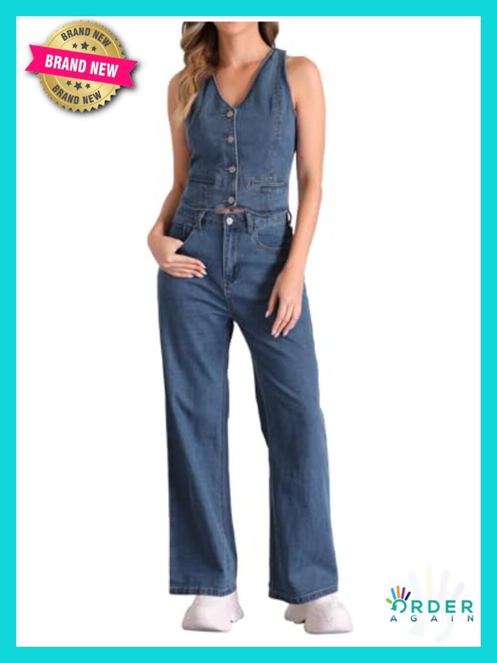 Sleeveless Button V Neck Denim Vest and Wide Leg Jeans 2 Piece Set